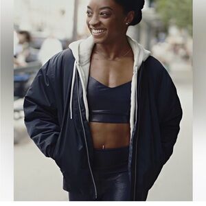Athleta Simone Biles navy sateen bomber jacket size XS